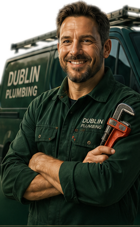 Irish plumber beside a work van